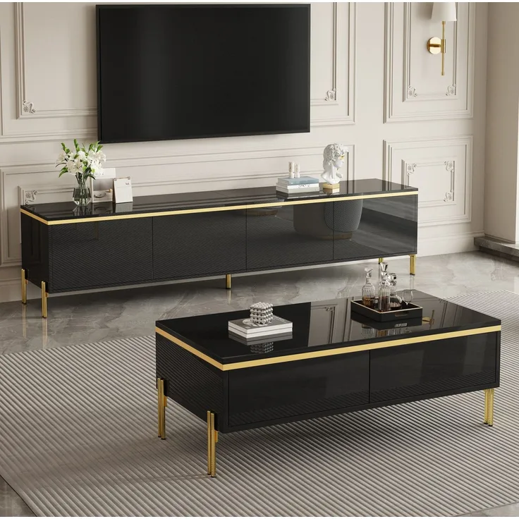 DESVIAE TV-Schrank- und Couchtisch-Set mit Stauraum 170x50x38 cm und 100x36x50 cm Spanplatte Schwarz
