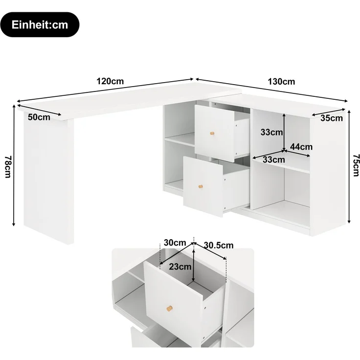 Eckschreibtisch 120x78x130 cm, weiß, beidseitig montierbar mit 2 Schubladen – Bild 5