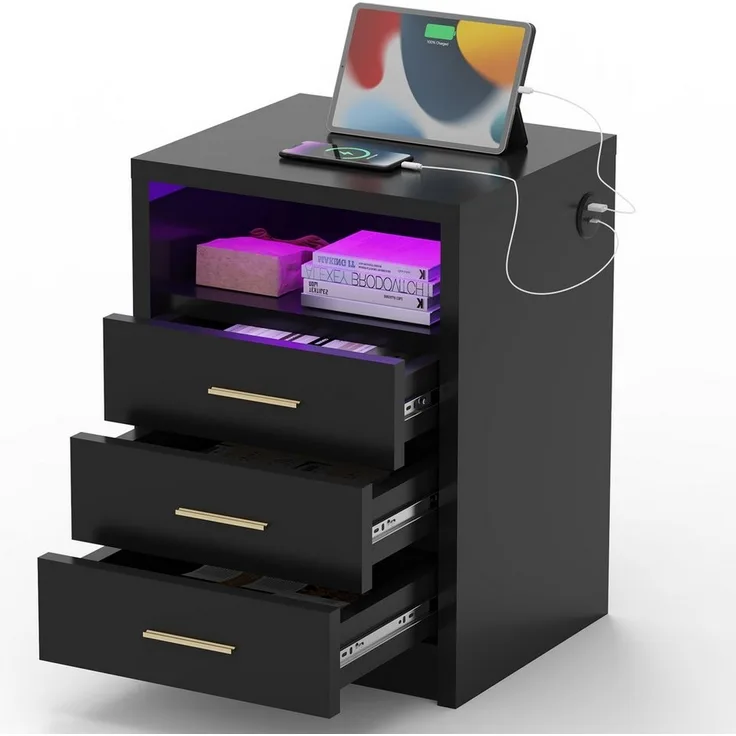oyajia Nachttisch Nachtschrank mit 2/3 Schubladen, Beistelltisch mit Ladestation und LED (1-st RGB Nachttisch mit Schubladen und Ladestation), Nachttisch mit Schubladen, Einstellbare Farben, Type-C, USB-Anschlüsse