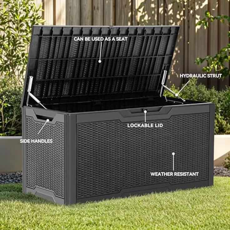 YITAHOME 100-Gallonen-Harz-Deckbox, wetterfest Außenspeicherbox, verschließbarer Innen- und Außenspeicher für Zubehör und Grundbedarf, schwarz – Bild 4
