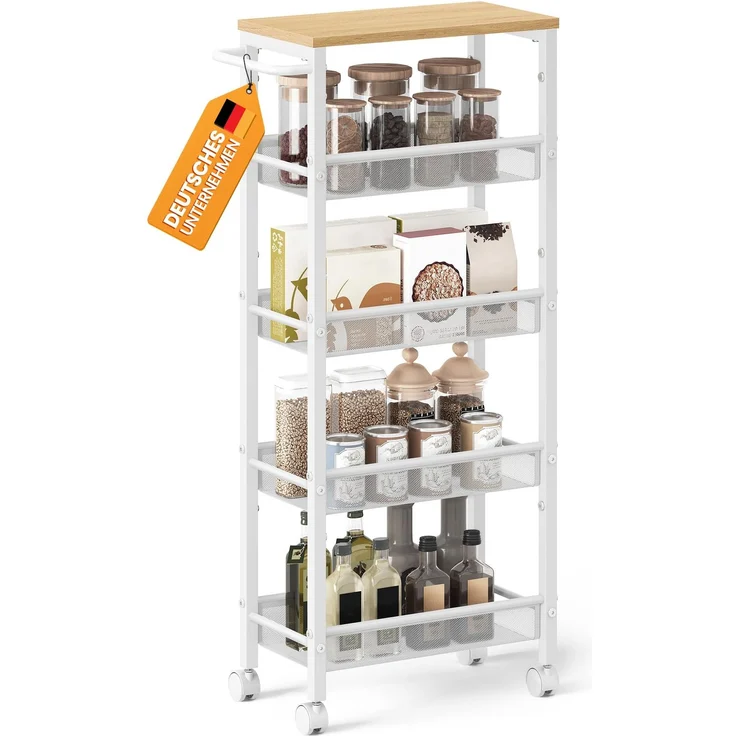 VASAGLE Rollwagen 5 Ebenen, Küchenwagen schmal, Nischenregal auf Rollen, Stahl, Griff, für kleine Räume, 22 x 45,4 x 99,6 cm, Küche, Bad, Wohnzimmer, Arbeitszimmer, eichenfarben-weiß LRC035W09