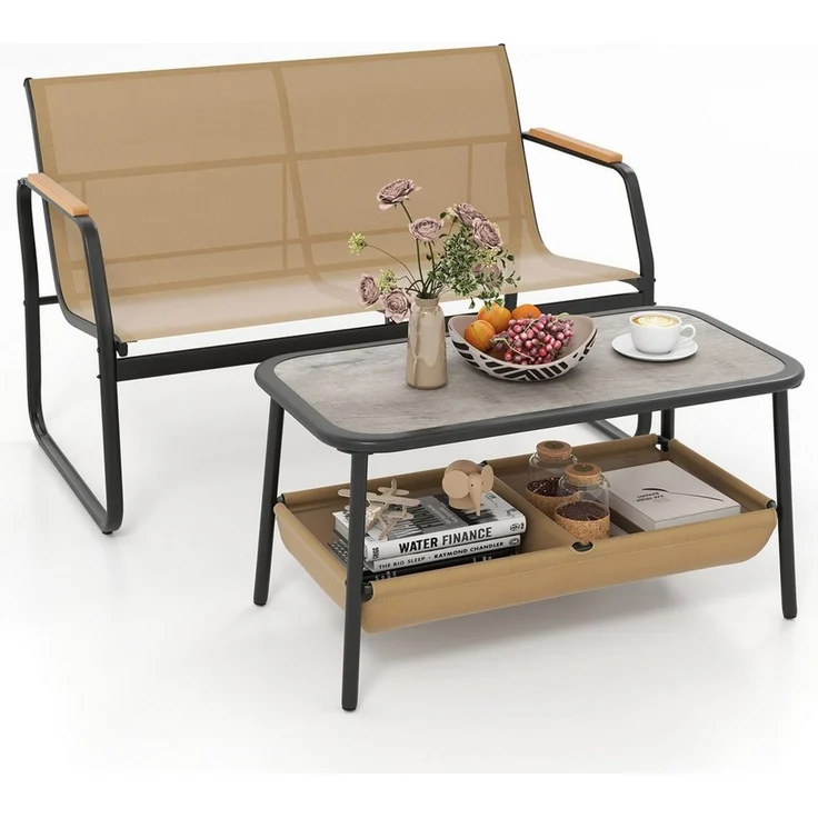 COSTWAY Balkonset, (2-tlg), 2-teilige Terrassenmöbel, Couchtisch-Set mit 2 Fächern – Bild 5