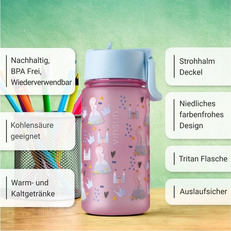 Vinsun Trinkflasche Tritan Flasche 500ml Kinder Wasserflasche mit Strohhalm auslaufsicher, BPA frei, bruchsicher, geruchs- & geschmacksneutral, geringes Gewicht – Bild 2