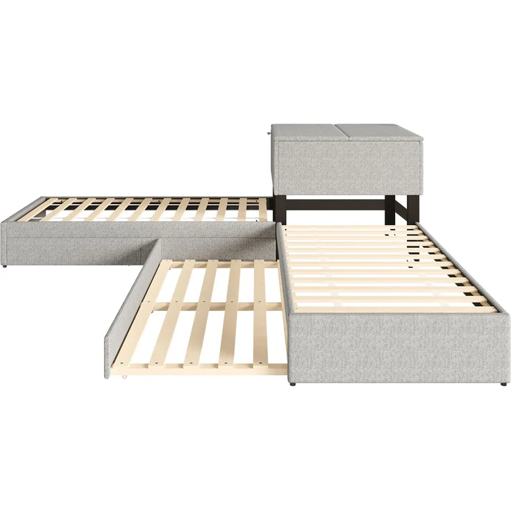 EINHOM Eckbett, Zwei Einzelbett mit Ausziehbett, Polsterbett, Funktionsbett mit Stauraum, mit Stauraumschrank, mit Stauraumschublade, mit Ausziehbett, 90 x 200 cm, Leinen, Grau, (Ohne Matratze) – Bild 10