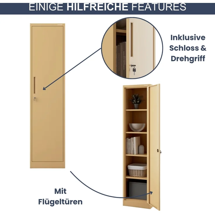 Aktenschrank abschließbar KADO - 5 Ebenen verstellbar, Flügeltüren | Metallschrank Werkstatt Mehrzweckschrank Büroschrank aus Stahl Werkzeugschrank, 185x45x40cm Beige – Bild 5