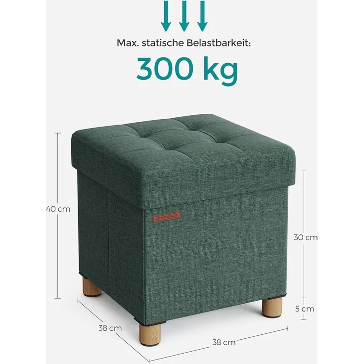 Songmics Sitzbank mit Stauraum, Schuhbank, klappbare Sitztruhe, Aufbewahrungsbox, Fußbank, 38 x 38 x 40 cm, für Wohnzimmer, Schlafzimmer, vintagegrün – Bild 3
