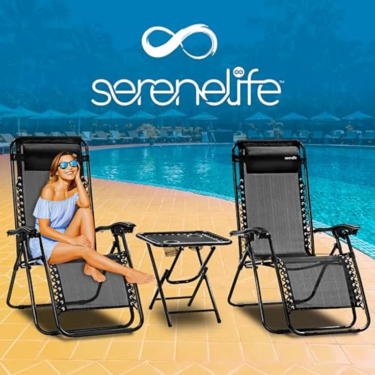 SereneLife Liegestuhl, Gartenliege Klappbar, Strandliege, Sonnenstuhl als Gartenbett mit atmungsaktivem Textil, Verstellbar zum Liegen für Garten & Camping mit Seitentisch, Kopfkissen & Getränkehalter – Bild 8