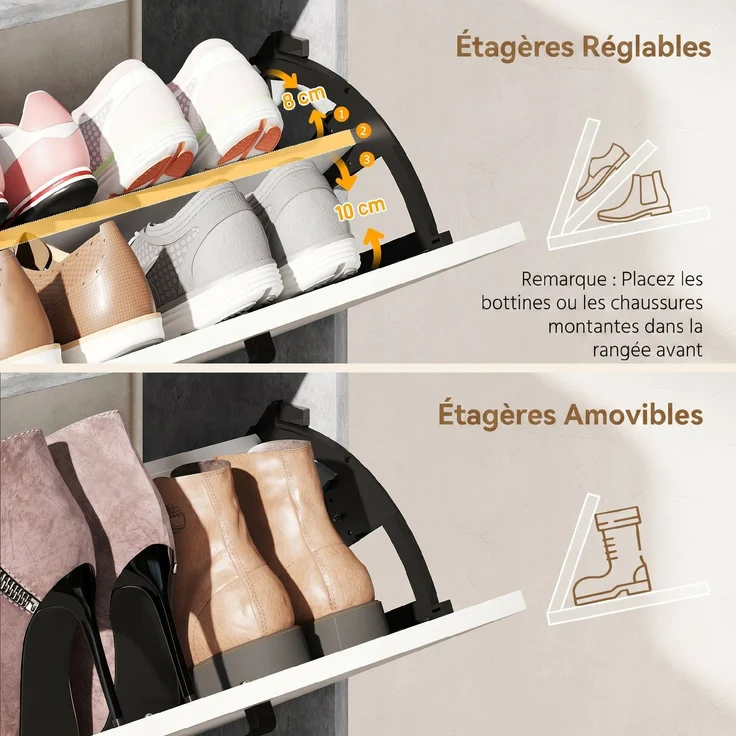 Schuhschrank für 15 Paar Schuhe, moderner Schuhschrank mit 2 Klappschubladen, 83 x 24 x 90,5 cm, weiß und grau – Bild 7