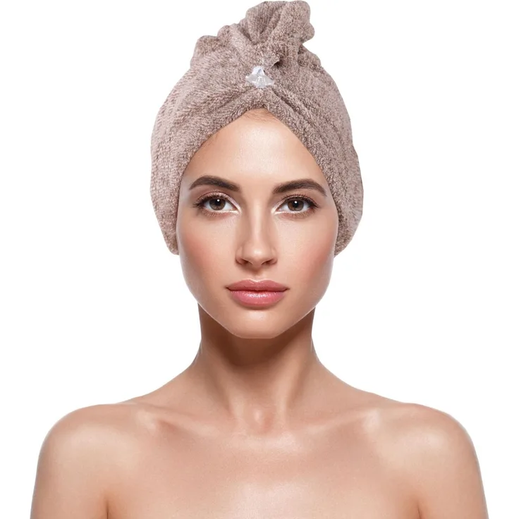 Haarturban ( Braun ) Cozy mit Knopf - 25x65cm ( One SIze ) Superweich Flauschig - Saugstark, Handtuch Haare Turban Haarhandtuch Schnelltrocknend