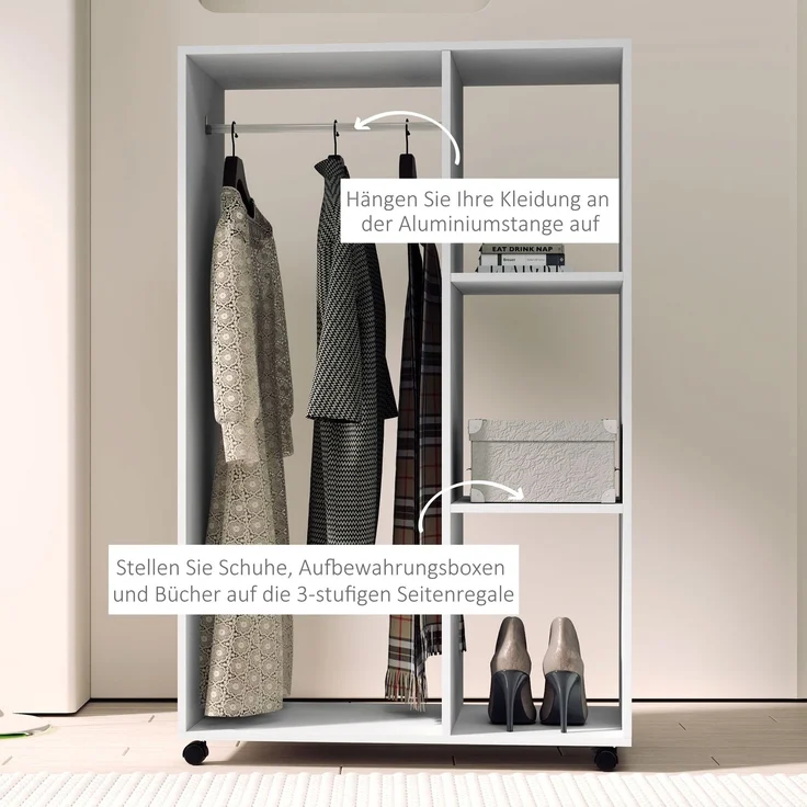 Kleiderschrank auf Rollen, mobile Garderobe, Garderobenschrank, Rollbarer Kleiderständer, 80 x 40 x 128 cm, Weiß--Weiß--128x40x80cm--YOUDENOVA – Bild 9