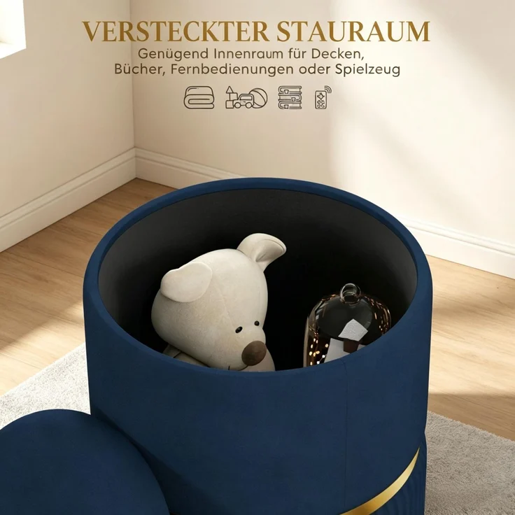 Hocker Fußhocker mit Stauraum aus Kord, 36 x 36 x 44 cm, für Wohnzimmer und Schlafzimmer(nur mit Hocker Fußhocker)--Blau--36x36x44cm--YOUDENOVA – Bild 8