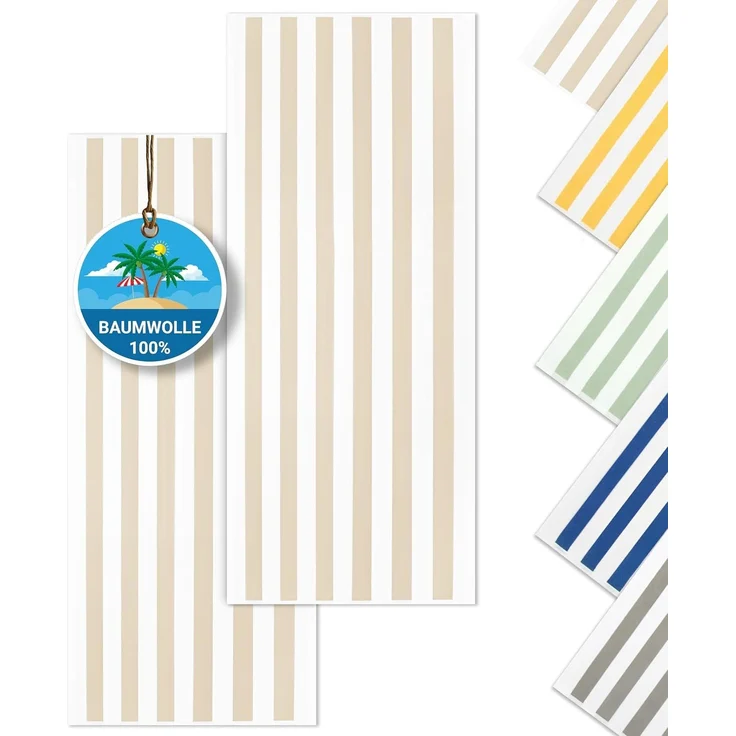 ZOLLNER 2er Set Saunatuch gestreift, 100% Baumwolle, 70x180 cm, beige – Bild 1