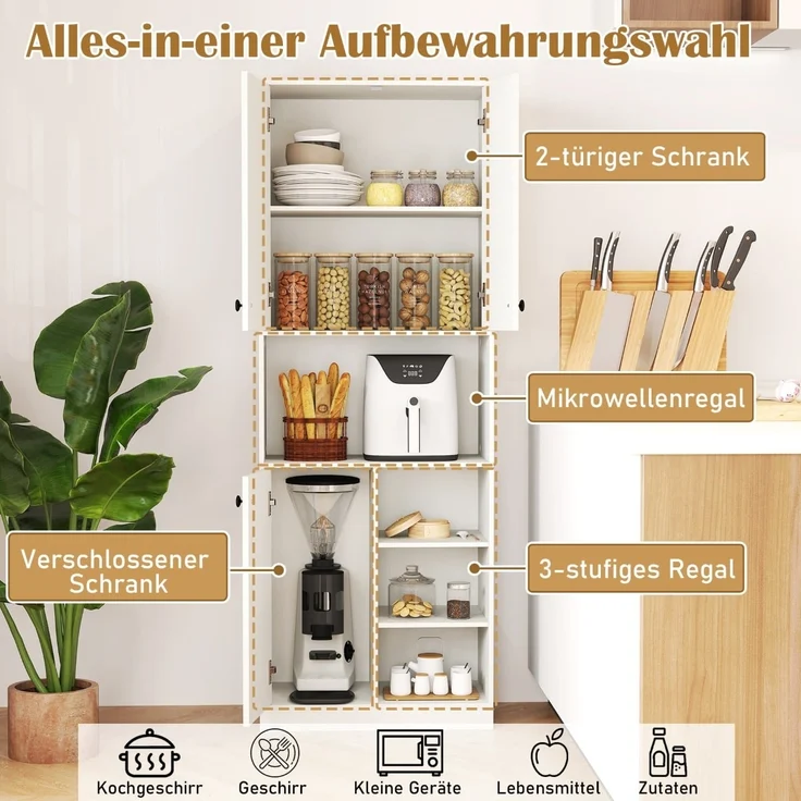 Küchenschrank mit 3 Türen & Offenen Regalen Buffetschrank mit Arbeitsplatte Hochschrank Weiß – Bild 3