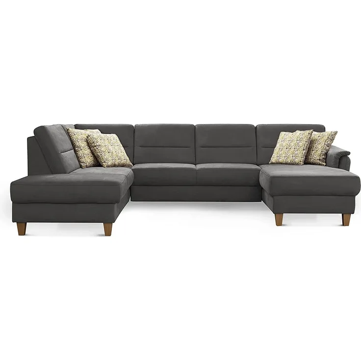 CAVADORE Wohnlandschaft Palera / Federkern-Sofa in U-Form im Landhausstil / 314 x 89 x 212 / Mikrofaser-Bezug, Grau