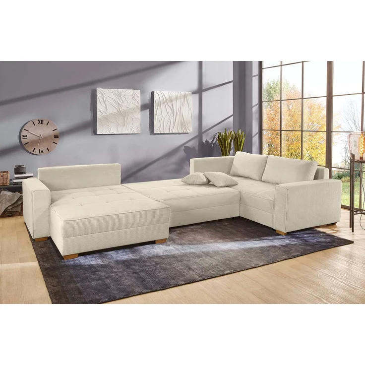 Wohnlandschaft U-Form Sofa Schlaffunktion Couch Bettkasten Cord in Grau Beige – Bild 3