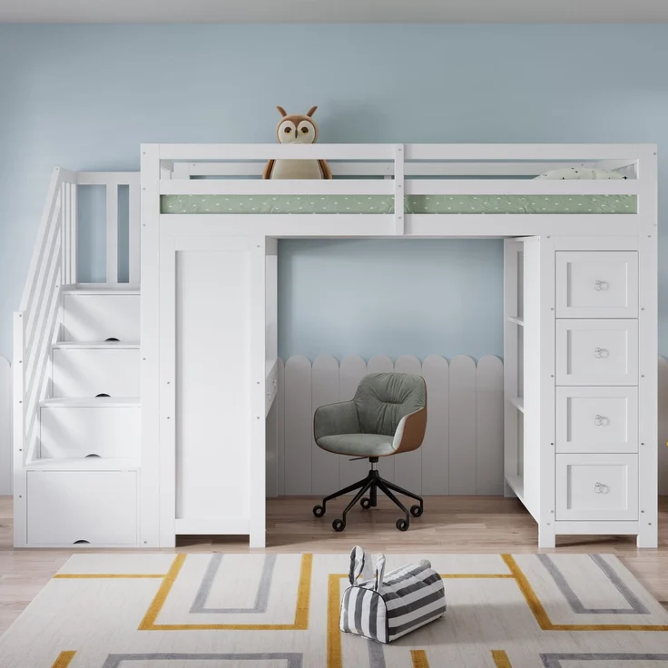 Hochbett mit Schreibtisch, Regal, Schubladen, Treppe, Schrank, Lattenrost und Rausfallschutz, 90x200 cm, Holzbett – Bild 2