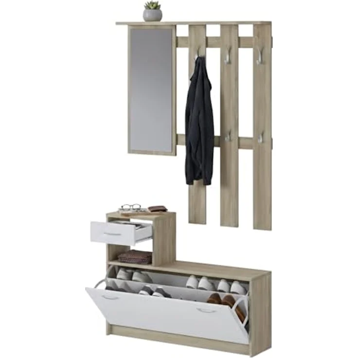 Dmora - Eingangsmöbel Clint, Moderner Eingangsbereich mit Spiegel, Schrank mit Schuhregal, Multifunktionsschrank, 100x25h180 cm, Weiß und Braun – Bild 3