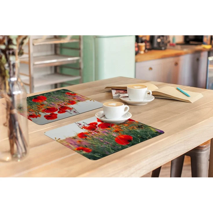 MuchoWow Platzset Mohn - Blumen - Rot - Lila - Wiese, (6-St), Platzsets, Tischset, Abwaschbar, Tischsets, Platzdeckchen – Bild 3