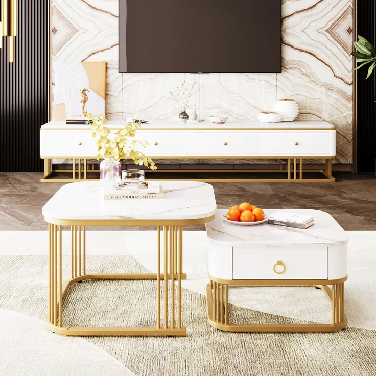 Couchtisch set 60×60+50×50 cm Hochglanz Marmoroptik Weiß und Gold, Kaffeetisch mit Schublade – Bild 2