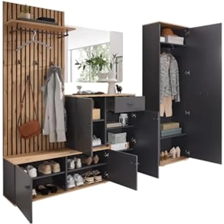 moebel-dich-auf Garderoben-Set COMO, (Paneel + Schuhschrank + Spiegel + Hochschrank, in anthrazit oder weiß / Artisan Eiche Nb), 223 cm breit – Bild 10