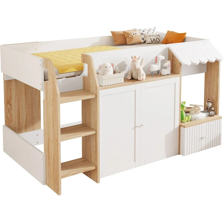 Merax Kinderbett Hausbett 90x200cm, mit offenem Stauraum, mit Kletterleiter, Halbhohes Kinderhochbett, Massivholz-Kinderetagenbett ohne Matratze, Weiß+Holzfarbe – Bild 10
