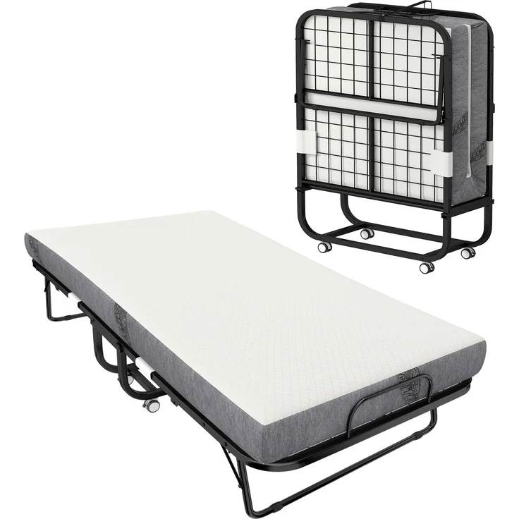 Klappbett für 1 Person, 200 x 80 cm, mit Matratze, zusammenklappbares und transportables Zusatzbett auf Rollen, Stahlrahmen, weiß – Bild 2