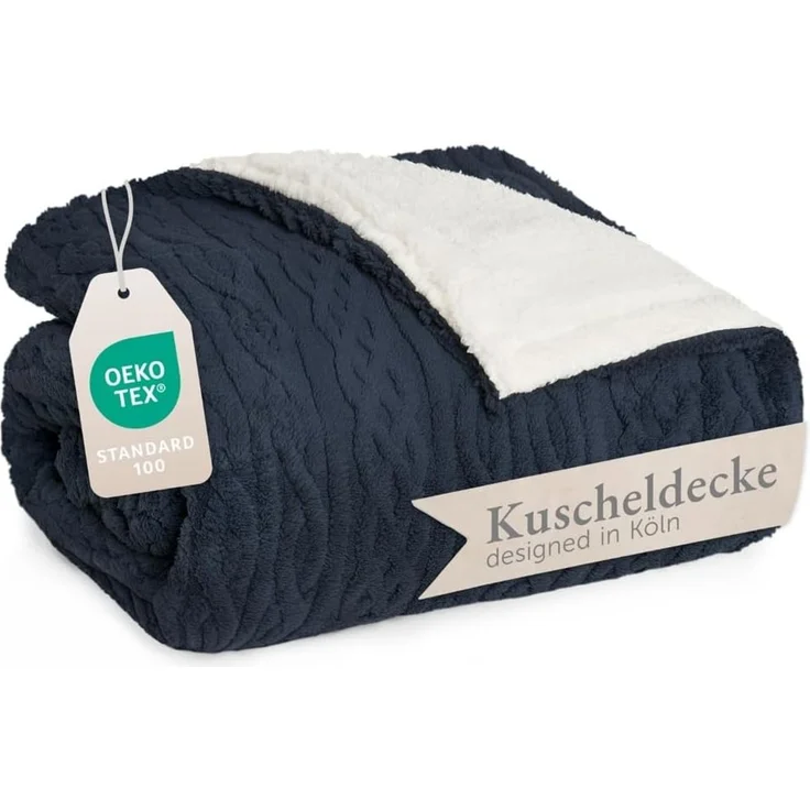 Blumtal Wohndecke, Oeko-TEX zertifiziert, waschbar, weiche Sherpa-Innenseite, Dunkelblau/Weiß, 150x200 cm