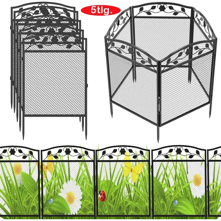 FATIVO Teichzaun Gartenzaun 5 Stck Steckzaun Metall Zaunelemente Dekozaun Gitterzaun Zaun Gerade Teichzaun HundezaunGehege Stabil 110x60 cm Schwarz Metall