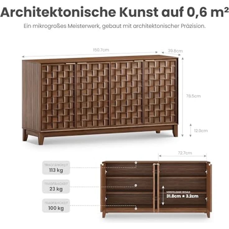 COLAMY Sideboard 150 cm Holz mit Stauraum – Modernes Sideboard für Wohnzimmer, Küchenschrank mit verstellbaren Einlegeböden, Buffet Schrank mit 3D Holzfront, Walnut – Bild 2