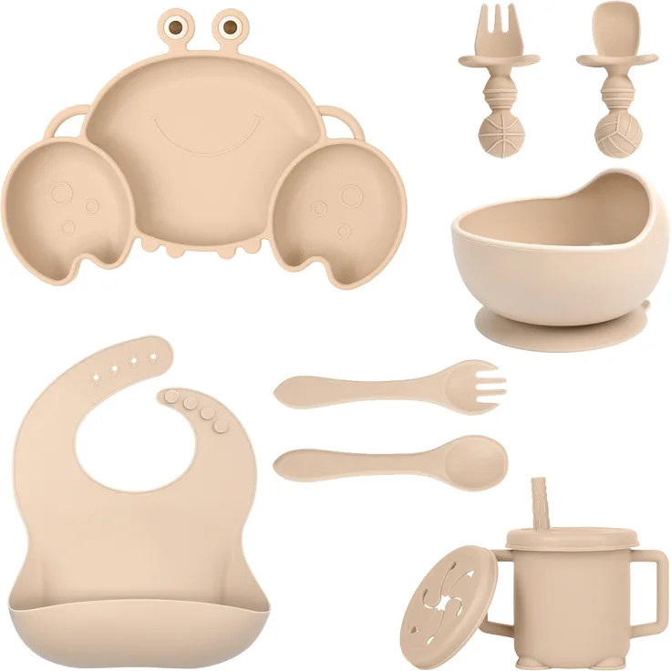 ABC Silikon-Babygeschirr-Set mit Saugnäpfen, 8-teiliges Set, Kinder-Essgeschirr-Set, beinhaltet rutschfeste Teller, Schüsseln, Becher, Löffel und Gabeln, BPA-frei (beige)