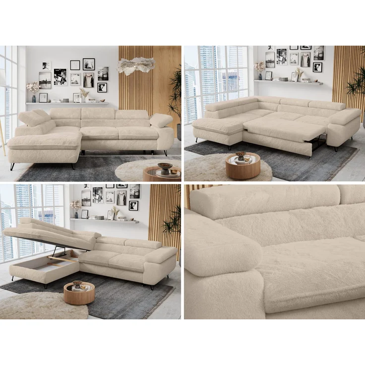 Ecksofa mit Bettfunktion, Modern Sofa, L-form, Einstellbare Kopfstützen, Bettkasten - PETER - Creme Plüsch - links – Bild 2