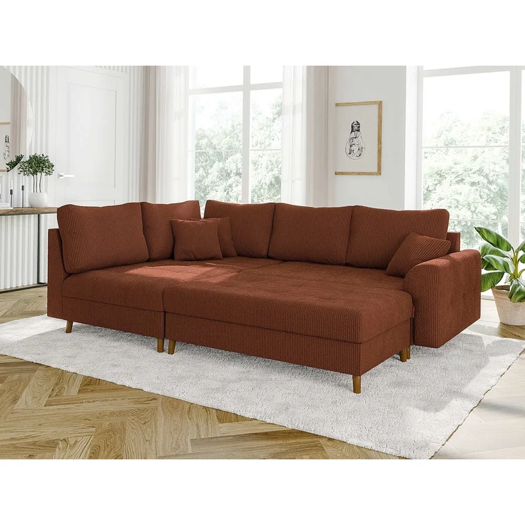 S-Style Möbel Ecksofa und Hocker Zara mit Schlaffunktion und Braun Holzfüßen aus Cord-Stoff, Ottomane links oder rechts bestellbar. Schlaffunktion in Kombination mit Hocker möglich, mit Wellenfederung – Bild 3