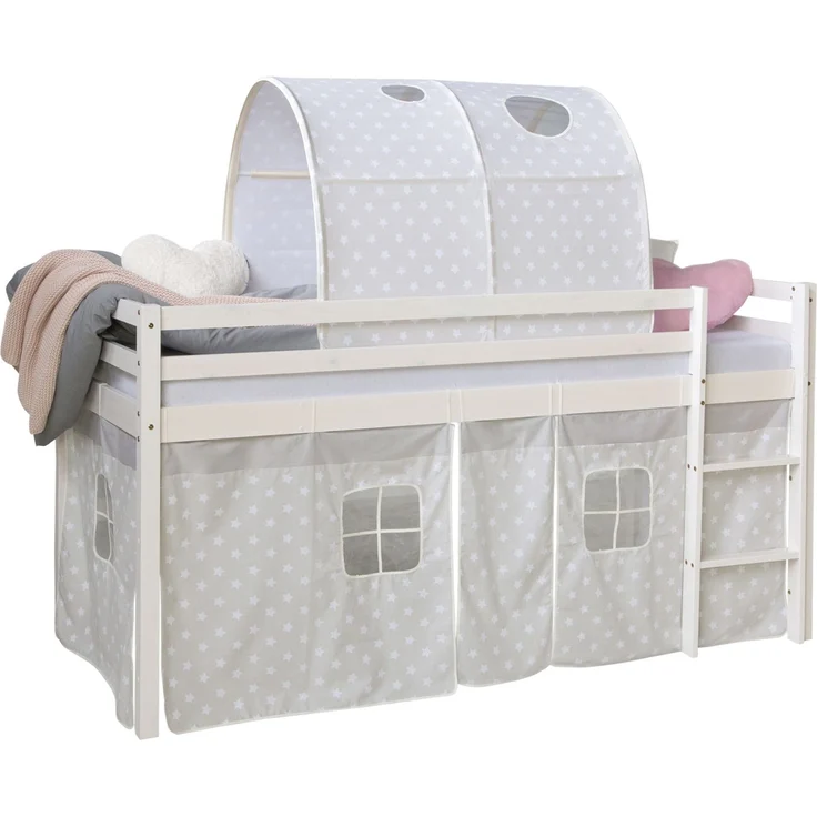 Hochbett mit Lattenrost 90x200 cm Kinderbett Tunnel Vorhang grau Sterne Holz Kiefer Jugendbett – Bild 5