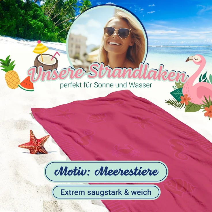 ZOLLNER Strandtuch XXL aus Baumwolle, 100x200 cm, pink mit Meerestiermotiven – Bild 4