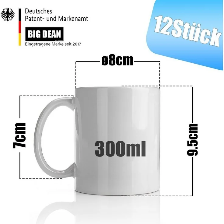 BigDean 12 Stück große Kaffeebecher weiß 300ml spülmaschinenfest aus hochwertigem Porzellan - Tassen zum Bemalen - Kaffeepott Glühweinbecher Kaffeetasse weiß - Kaffeetassen Set groß – Bild 2