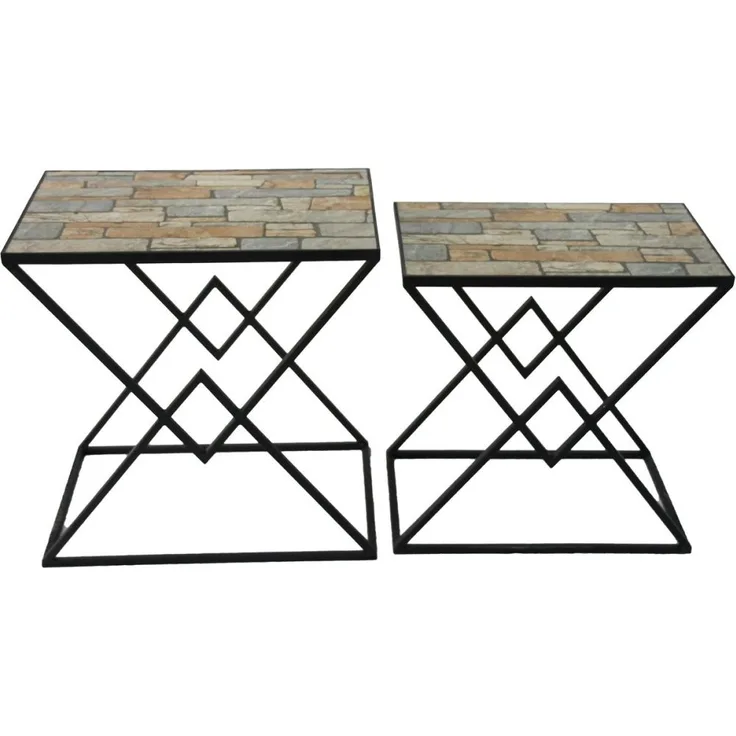 2er Set Beistelltische MERU schwarzes Eisen mit Steinoptik-Oberfläche
