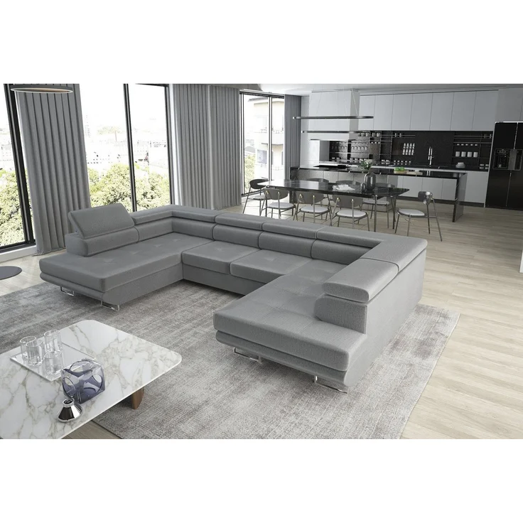 thematys Ecksofa Aston U 403 x 203 cm, mit Schlaffunktion, mit Bettkasten, mit verstellbaren Kopfstützen, Hellgrau (Monolith 84), Ausrichtung 390 cm|350 cm – Bild 3