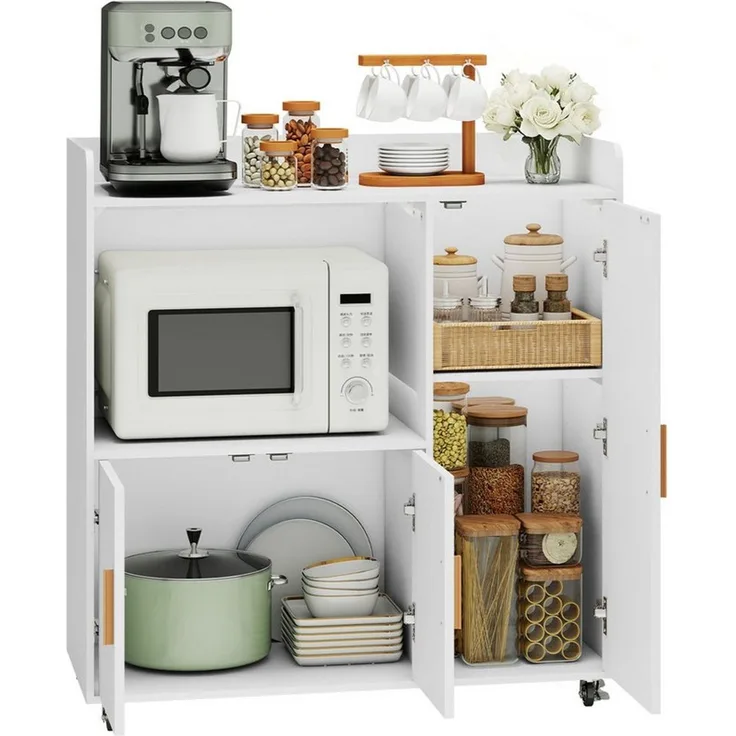 Puluomis Küchenwagen Servierwagen Buffet mit Mikrowellenablage, Rollen mit Bremsen 90x40x97, Küchentrolley Küchekommode Küchenschrank Sideboard