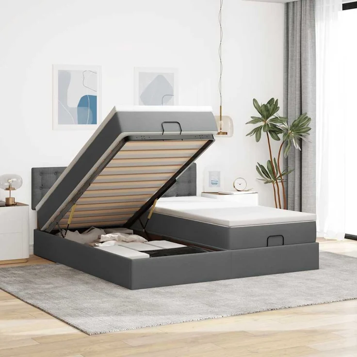vidaXL Ottoman-Bett mit Matratzen Dunkelgrau 200x200 cm Stoff 3312044 – Bild 1