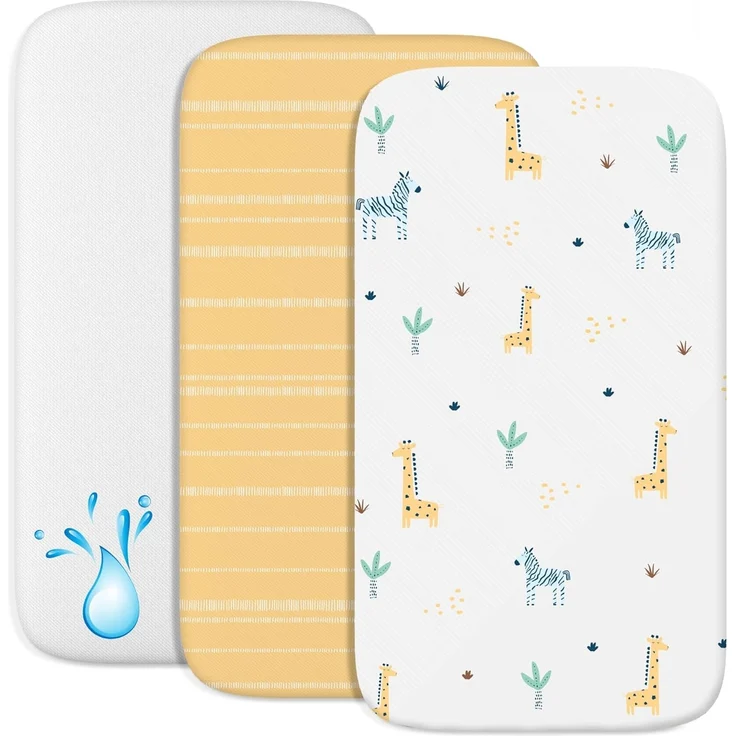 2X Spannbettlaken aus 100% Baumwolle mit Gummiband - 1X Matratzenschoner aus 100% wasserdichtem Material - 3er-Set - 55x90 cm - Savanne – Bild 1