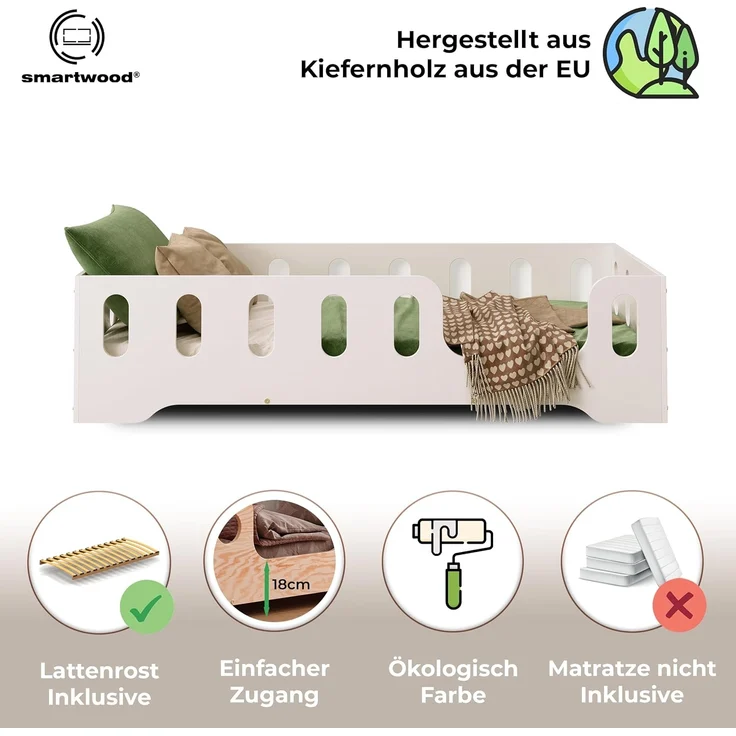 smartwood Kinderbett Bodenbett 90x160 mit Rausfallschutz & Lattenrost - Weiß - Kinder Montessori Bett TILA 2P mit glatten Kanten - Betten für schnelle Montage - Bis 230 kg belastbar – Bild 3