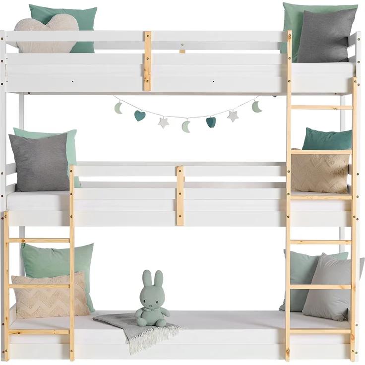 Homestyle4u Kinderbett Etagenbett 90x200 Kinder Dreifachbett Hochbett Weiß Holz Natur Stockbett Spielbett – Bild 8