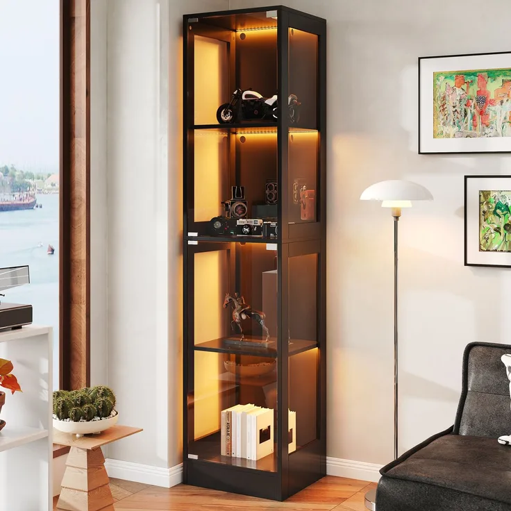 Merax 170 cm Einzeltür LED Vitrine, Gehärtetes Glas Sammlungsvitrine, App-gesteuertes LED-Licht, Vier Etagen Stauraum, Push-to-Open Tür, Schwarz