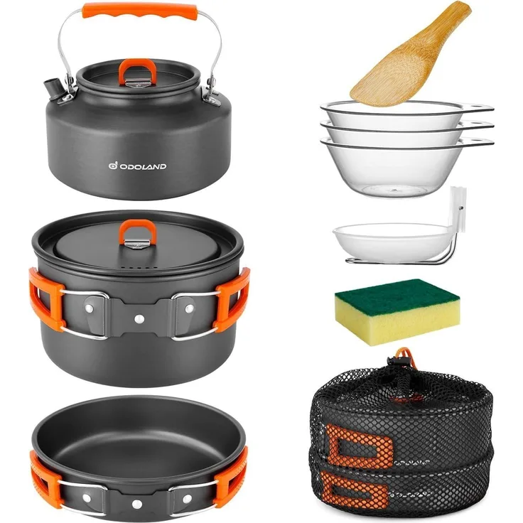 Odoland Camping Kochgeschirr Set 10-teilig Outdoor Topf Pfanne Teekanne