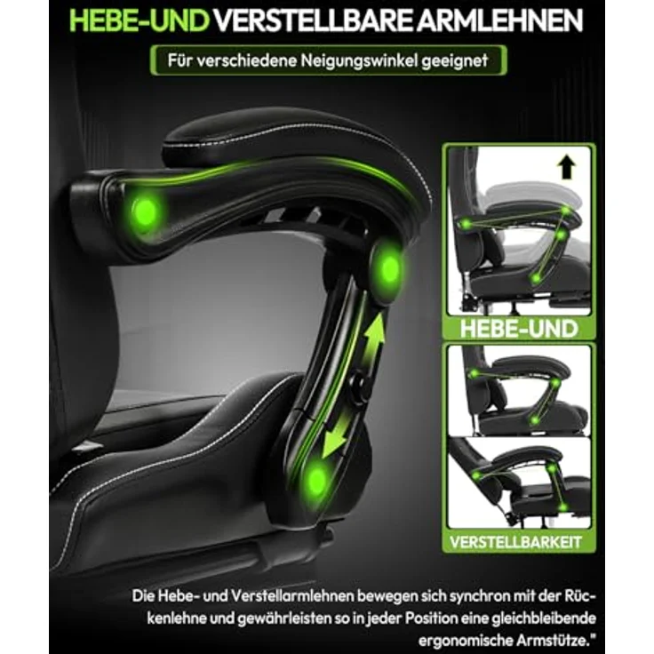 Dowinx Gaming Stuhl Bürostuhl Massage Gaming Sessel mit höhenverstellbaren Linkage-Armlehnen, ergonomischer Gamer Stuhl mit Fußstütze, gepolstert Gaming Chair 150° neigbar bis 180 kg, Schwarz – Bild 7