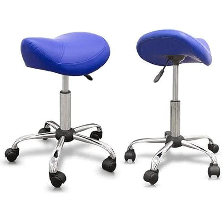 QUIRUMED Pony-Hocker, ergonomisch, mit Stahlgestell, Blaue Farbe, Kunstlederpolsterung, höhenverstellbar, gepolsterter Sitz, drehbare Räder, bis 150 kg, Blau – Bild 5