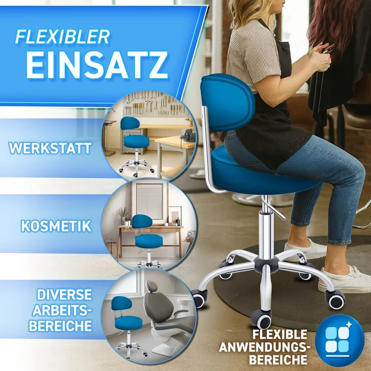 TRESKO Rollhocker Blau mit Lehne Arbeitshocker Hocker Drehhocker Kosmetikhocker Praxishocker – Bild 4