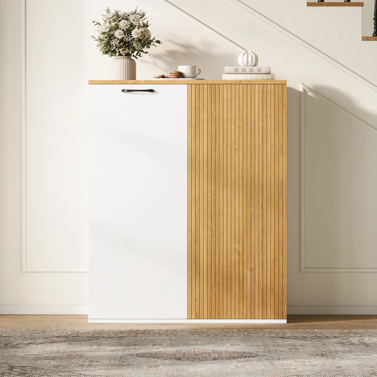 Highboard,Aktenschrank,Sideboard 80 × 40 × 110 cm-Büroschrank aus MDF in Weiß & Eiche, moderner Schrank, Kommoden,Stauraumschrank, Hochschrank--Weißeiche--80x40x110cm--YOUDENOVA – Bild 3