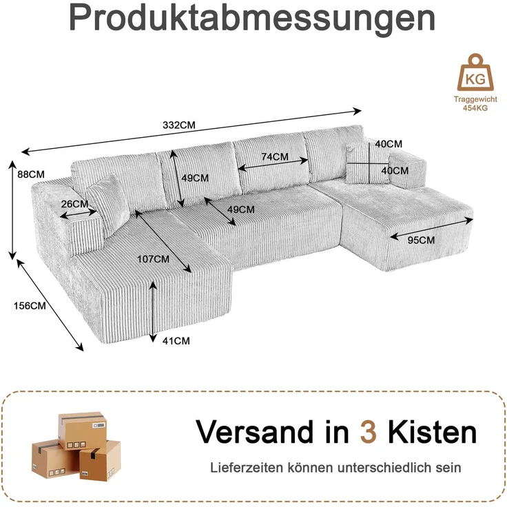 Schlafsofa U-Form 332x156x88 cm Braun aus Corduroy, mit Schlaffunktion, 4 großen und 2 kleinen Kissen – Bild 5