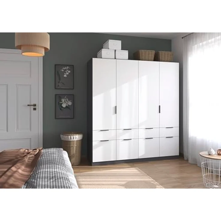 Rauch Möbel Dundee, Kleiderschrank, Schrank, Garderobe, Organizer, 4-türig, 8 Schubladen, Farbe Weiß/Grau metallic, Schwarz, Kurze Griffleiste Grau metallic, 181 x 197 x 54 cm – Bild 5